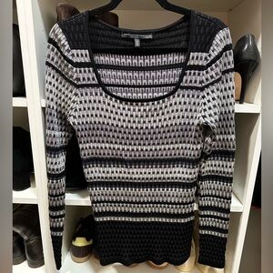 WHBM black and gray striped silky vneck sweater size L